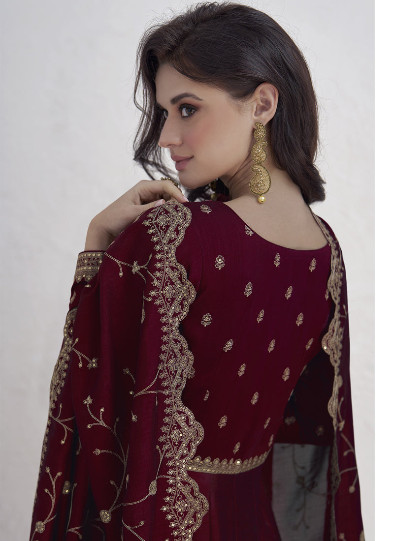 Maroon Vichitra Silk Anarkali Suit with Sequin Embroidery