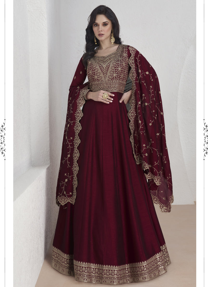 Maroon Vichitra silk Anarkali suit with heavy sequin and embroidery work