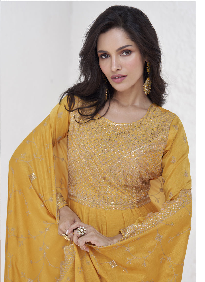 Yellow Vichitra Silk Sequence Anarkali Suit (55 Inch Length)