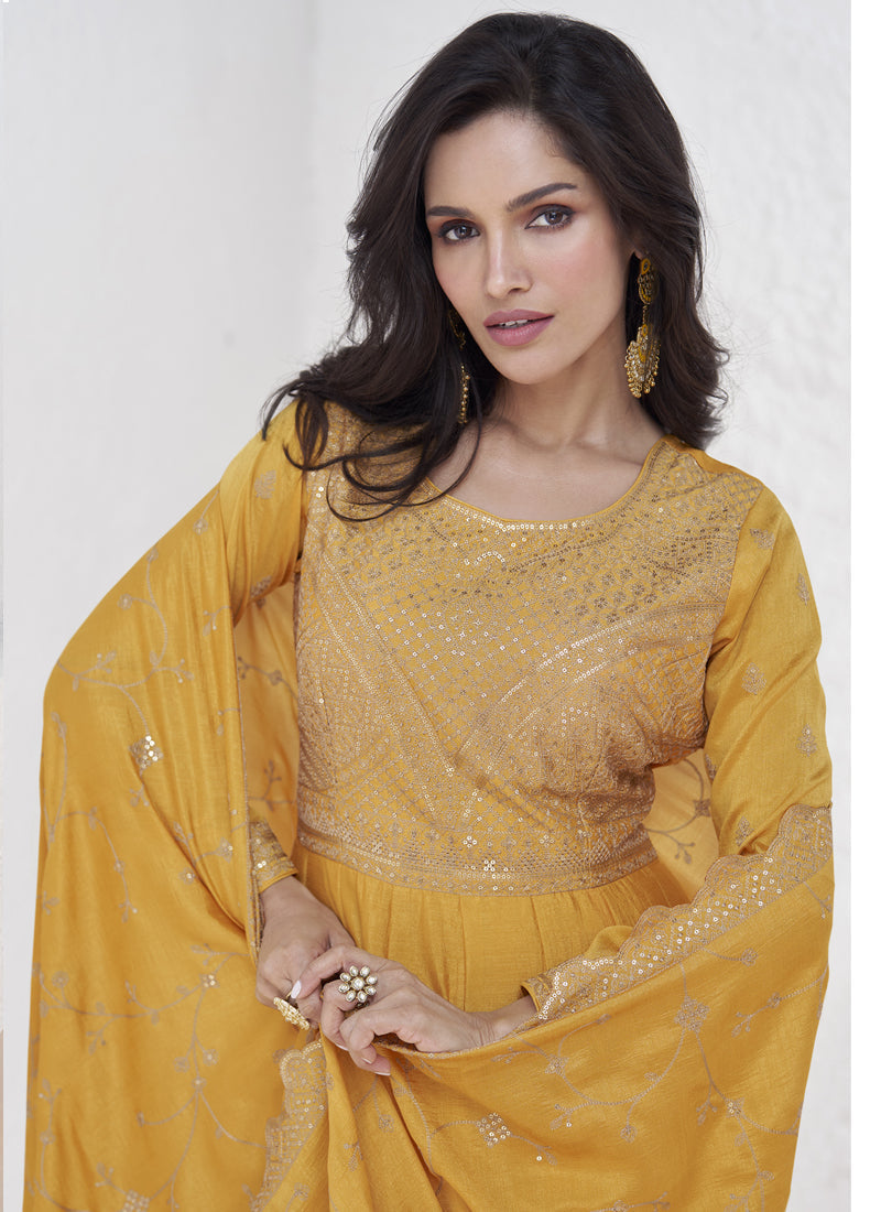 Yellow Vichitra Silk Sequence Anarkali Suit (55 Inch Length)