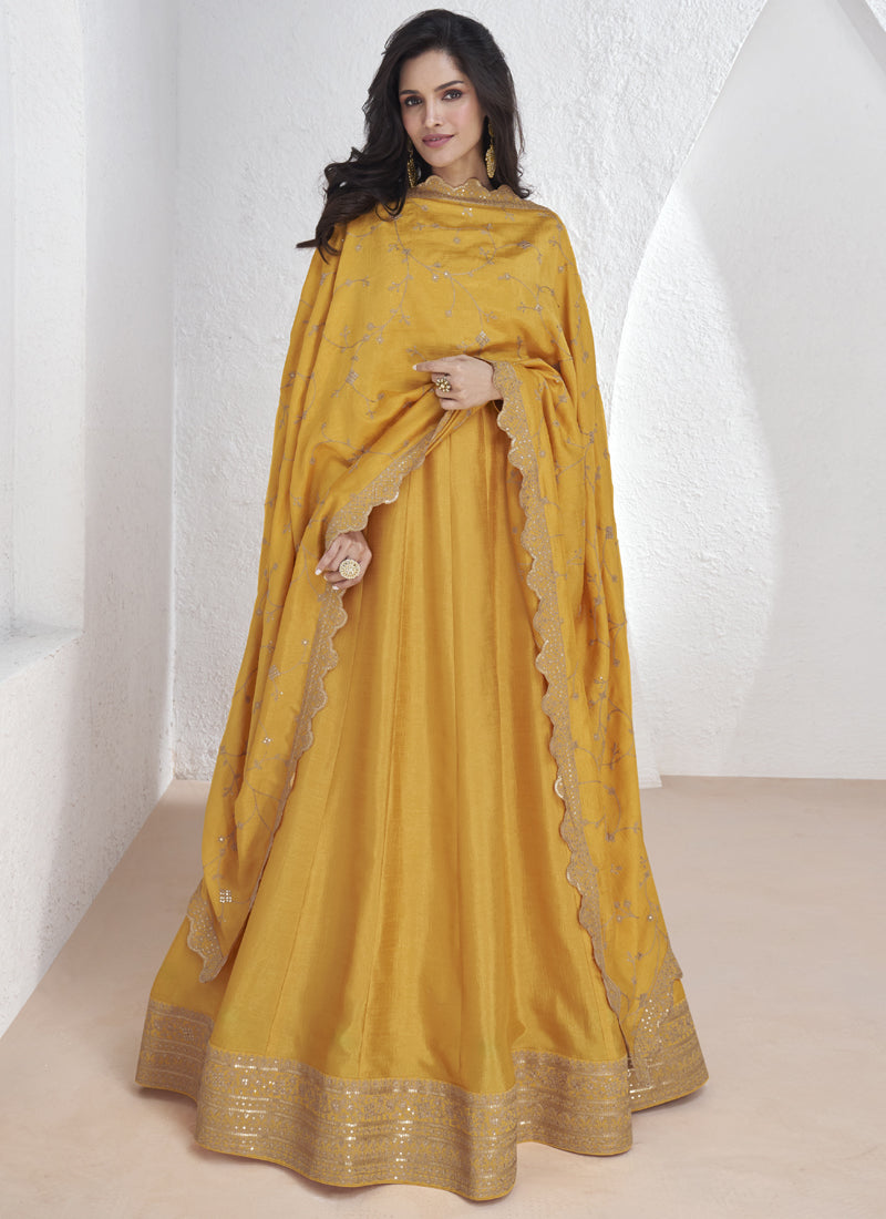 Yellow Vichitra Silk Anarkali suit with heavy sequence and embroidery, 55 inches long