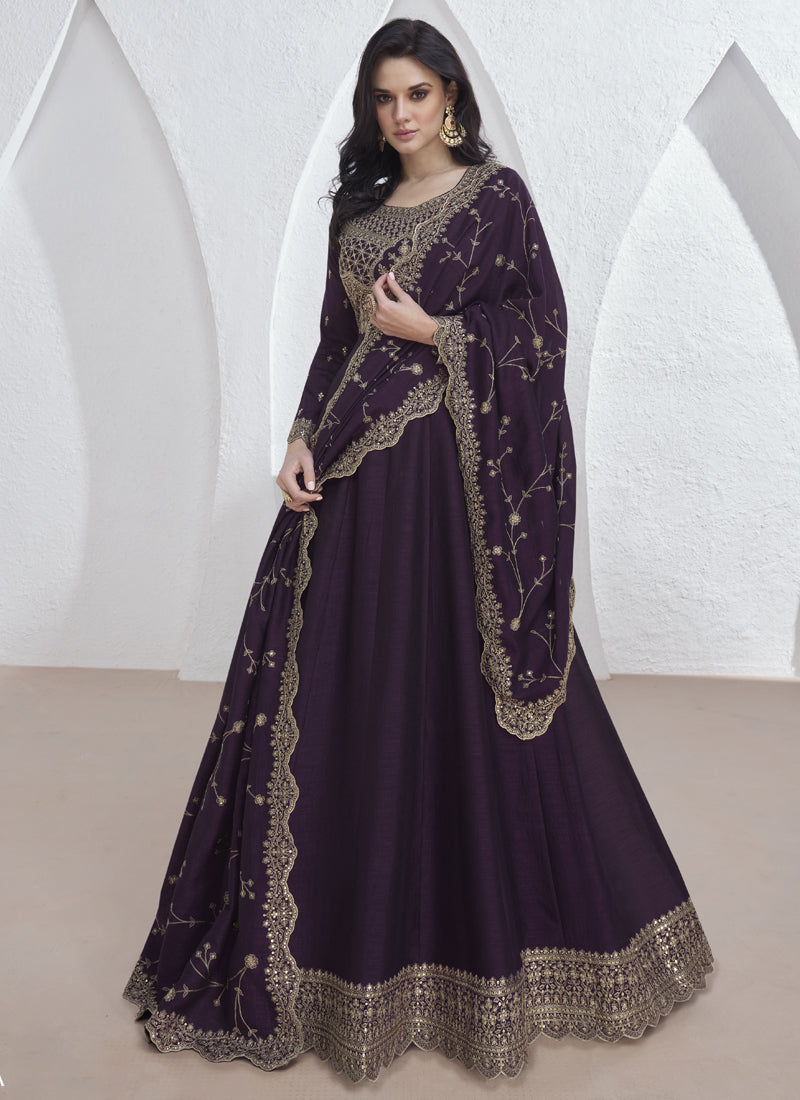 Violet Vichitra Silk Sequence Embroidered Anarkali Suit