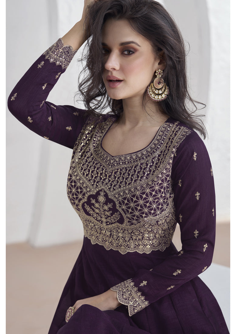 Violet Vichitra Silk Sequence Embroidered Anarkali Suit