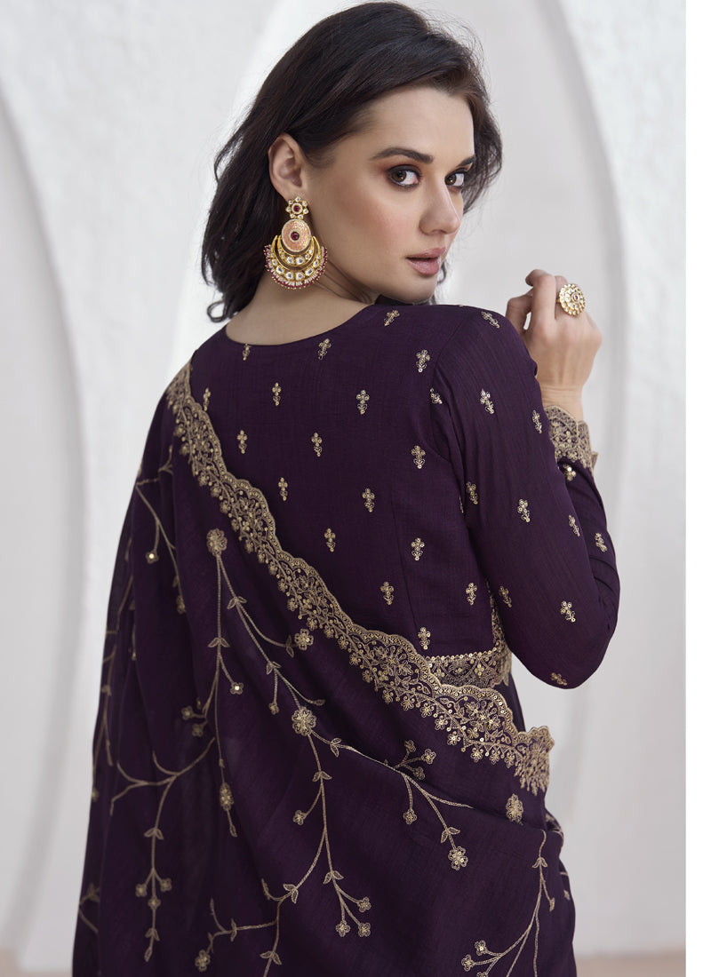 Violet Vichitra Silk Sequence Embroidered Anarkali Suit