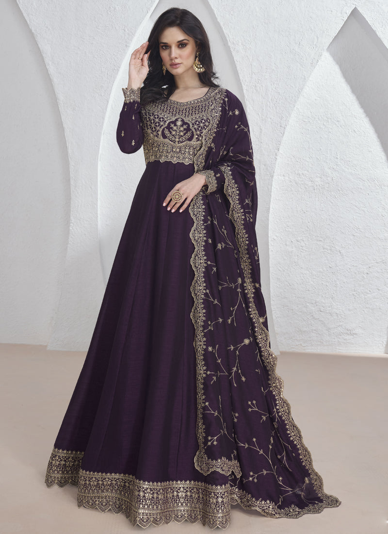 Violet Vichitra silk Anarkali suit with gold sequence embroidery and long floor-length design.
