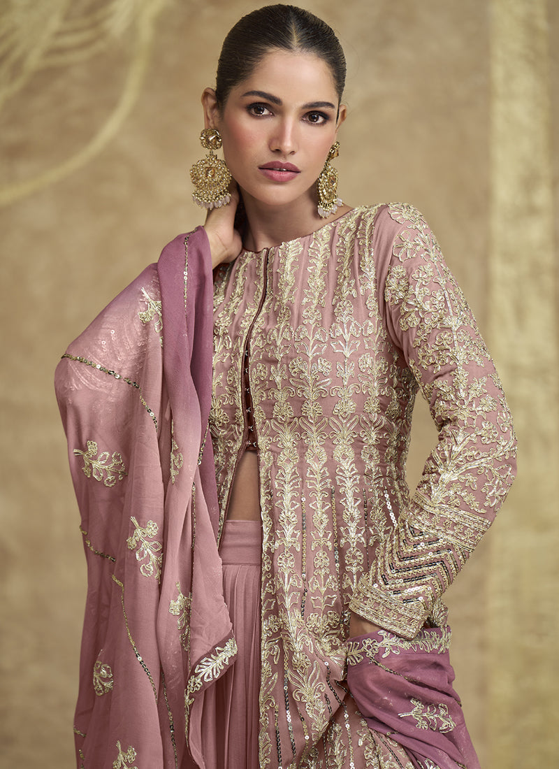 Peach Real Georgette Embroidered Lehenga Style Suit