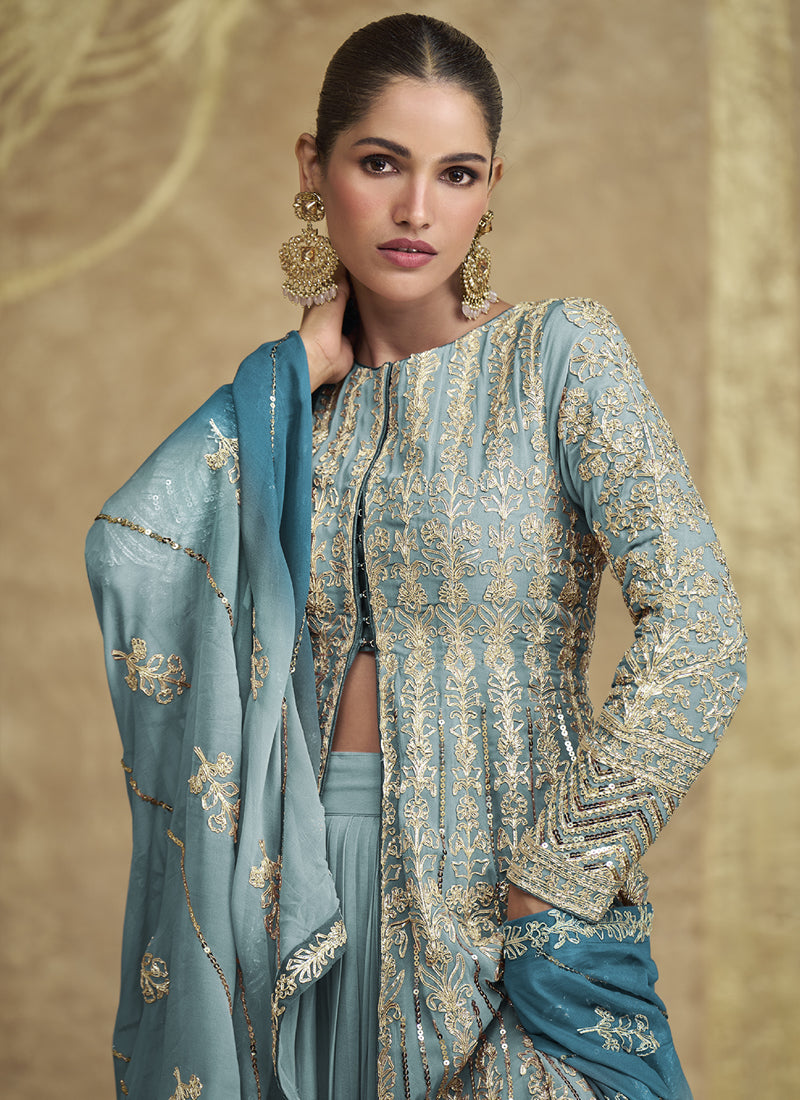 Sky Blue Georgette Embroidered Lehenga Style Suit