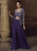 Vegaa Fashion Violet Real Chinon Silk Embroidered Jacket Style Palazzo Suit