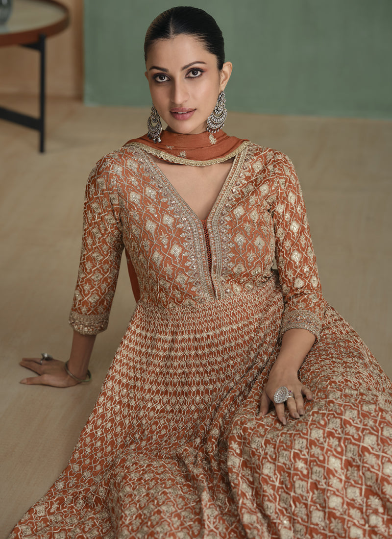 Light Brown Real Georgette Embroidered Anarkali Suit
