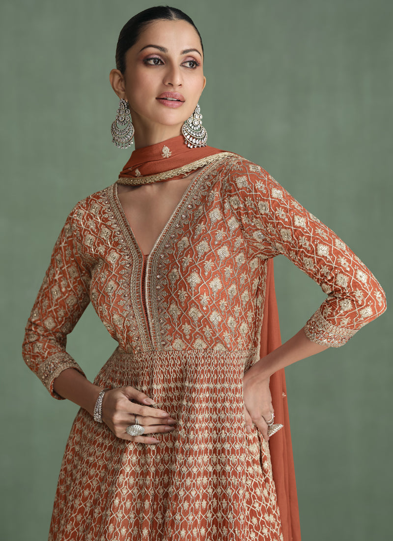 Light Brown Real Georgette Embroidered Anarkali Suit