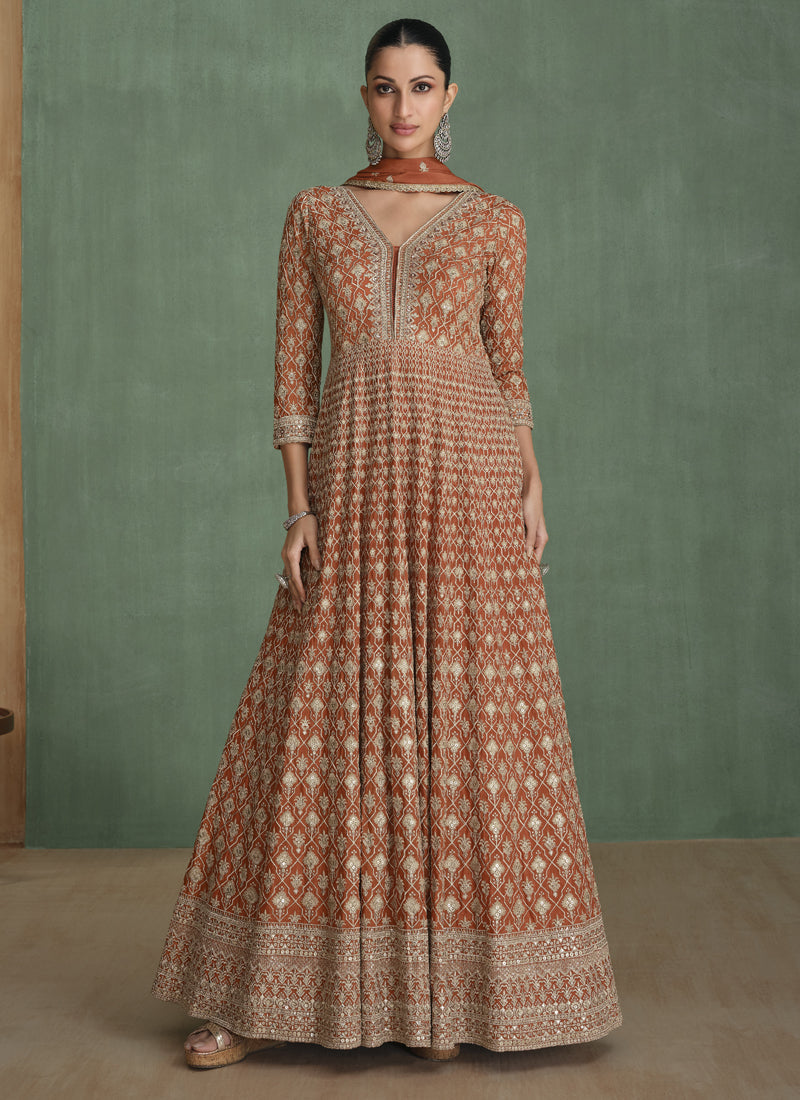 Light brown real Georgette Anarkali suit with detailed zari and sequence embroidery