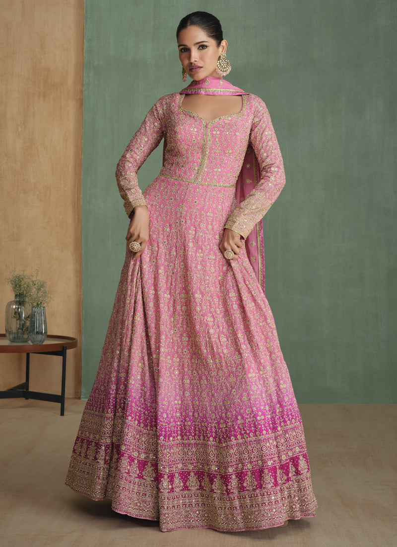 Light Pink Real Georgette Anarkali Suit with Floral Embroidery