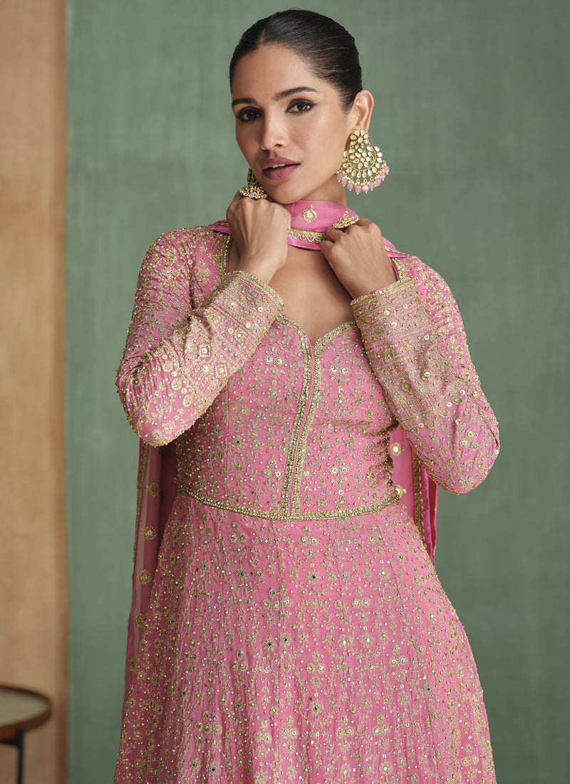 Light Pink Real Georgette Anarkali Suit with Floral Embroidery
