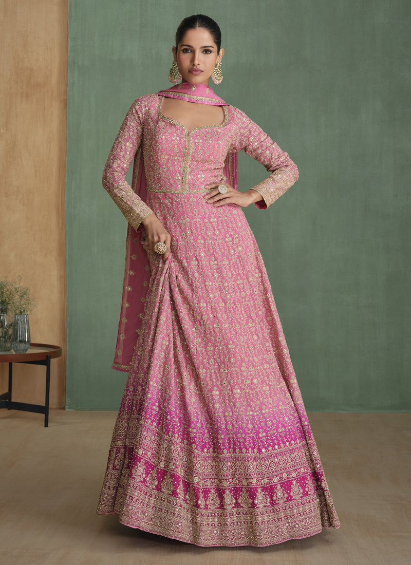 Light pink real georgette Anarkali suit with detailed sequence and gota patti embroidery.