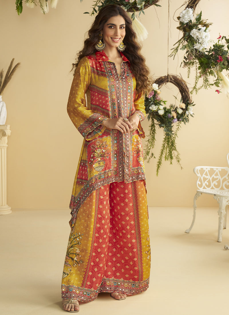 Yellow Crepe Silk Mirror Work Cord Set with Gota Patti Embroidery