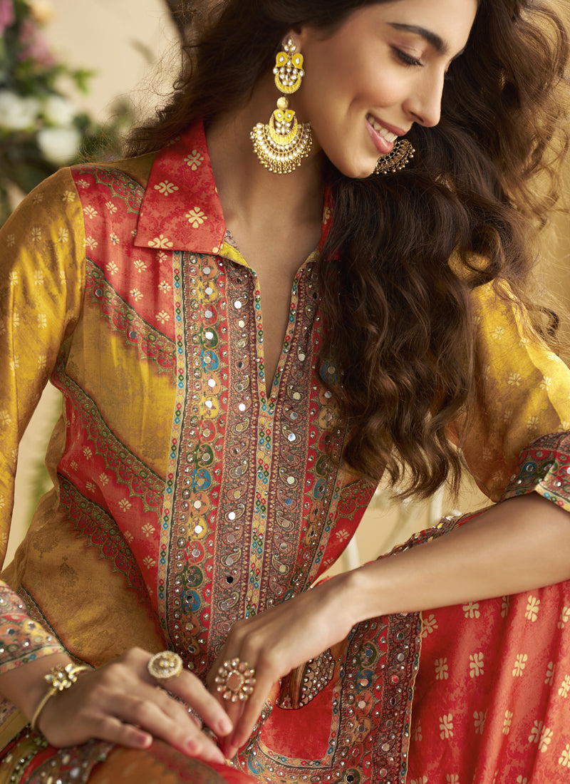 Yellow Crepe Silk Mirror Work Cord Set with Gota Patti Embroidery