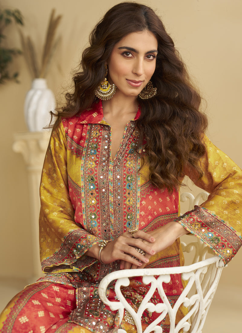 Yellow Crepe Silk Mirror Work Cord Set with Gota Patti Embroidery