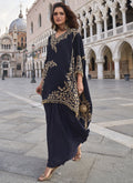 Vegaa Fashion Blue Crepe Silk Embroidered Western Palazzo Suit