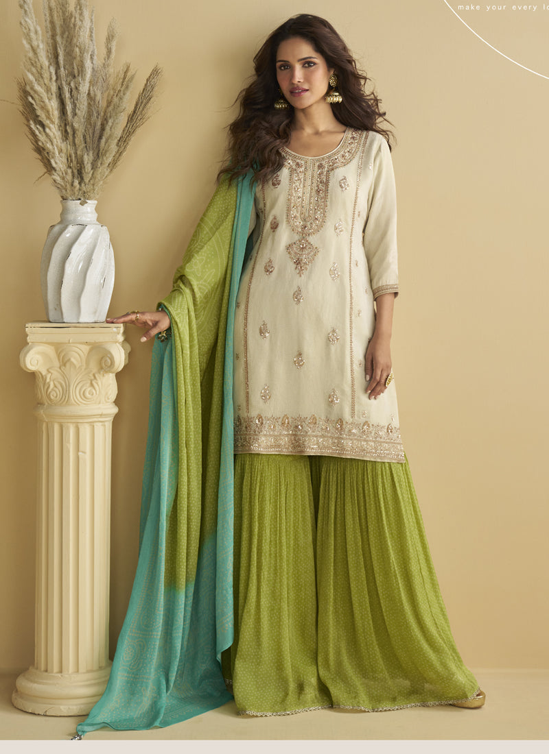 Vegaa Fashion Off White Chinon Silk Embroidered Designer Palazzo Suit