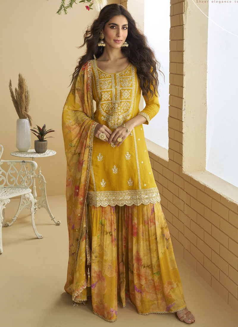 Vegaa Fashion Yellow Chinon Silk Embroidered Designer Palazzo Suit