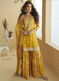 Vegaa Fashion Yellow Chinon Silk Embroidered Designer Palazzo Suit