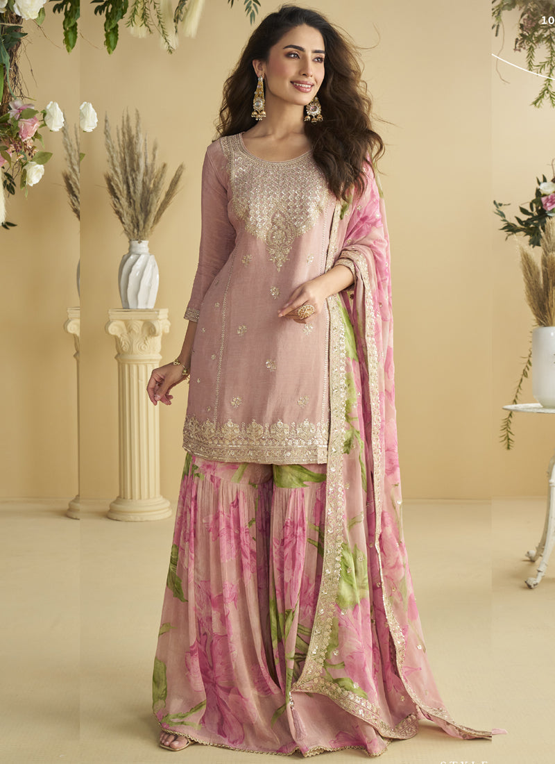 Onion Pink Chinon Silk Palazzo Suit with Gota Patti Embroidery