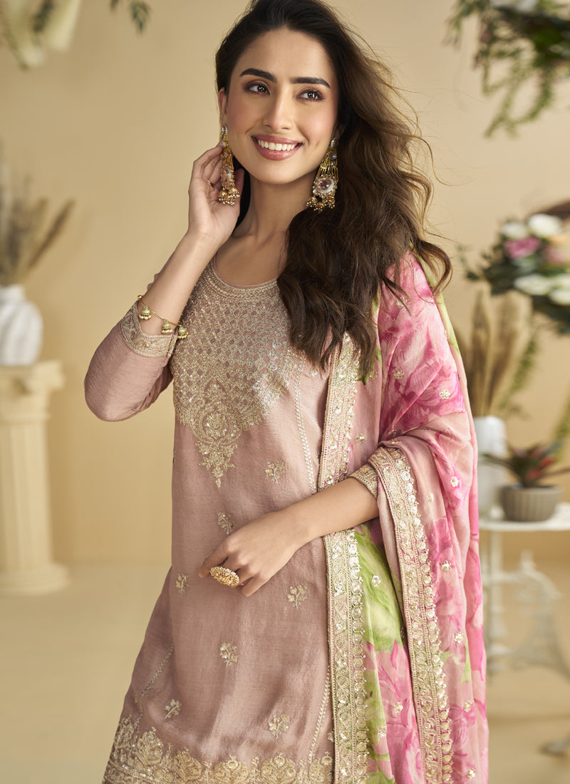Onion Pink Chinon Silk Palazzo Suit with Gota Patti Embroidery