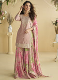 Onion Pink Chinon Silk palazzo suit with ornate gota patti and embroidery details.