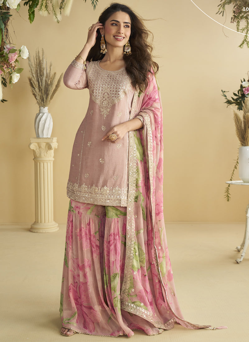 Onion Pink Chinon Silk palazzo suit with ornate gota patti and embroidery details.