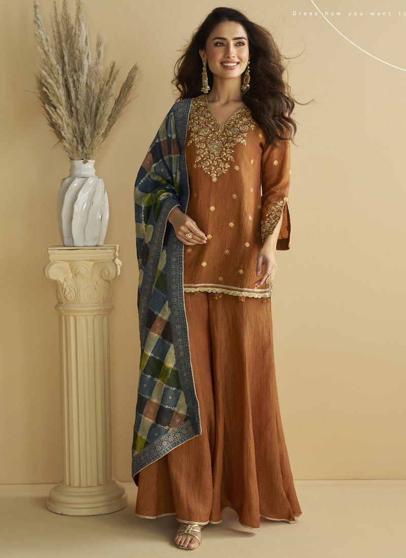 Brown Chinon Silk embroidered designer palazzo suit with intricate gota patti