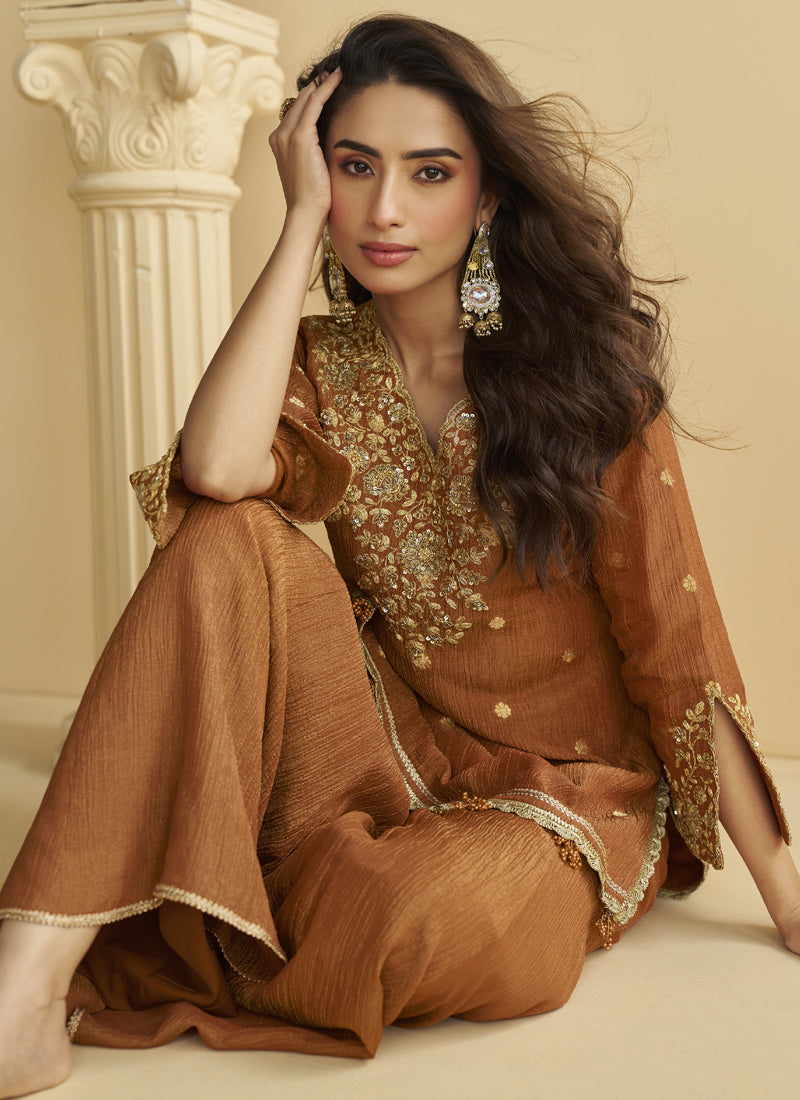 Brown Chinon Silk Embroidered Palazzo Suit Set