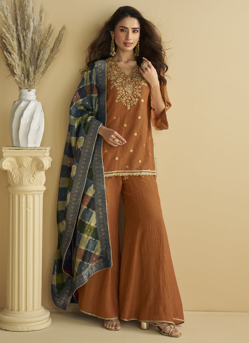 Brown Chinon Silk Embroidered Palazzo Suit Set