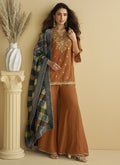 Brown Chinon Silk Embroidered Palazzo Suit Set