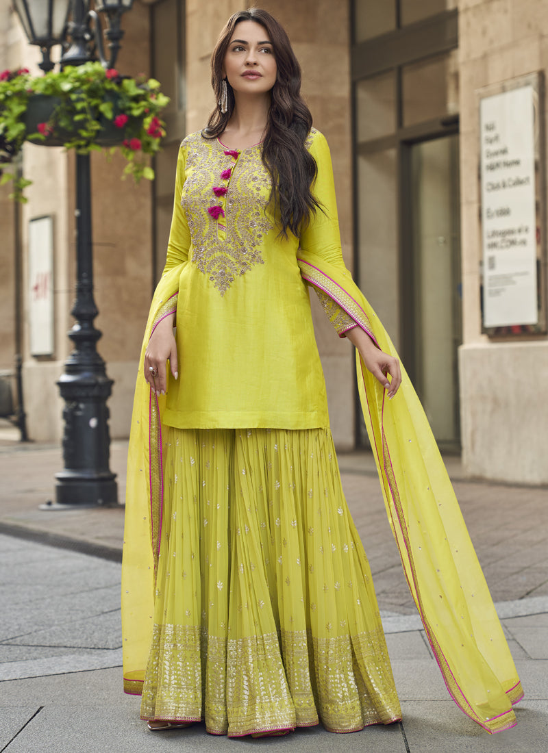 Lime Green Premium Silk Embroidered Sharara Suit Set