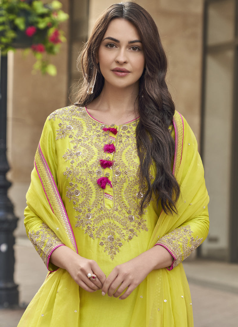 Lime Green Premium Silk Embroidered Sharara Suit Set