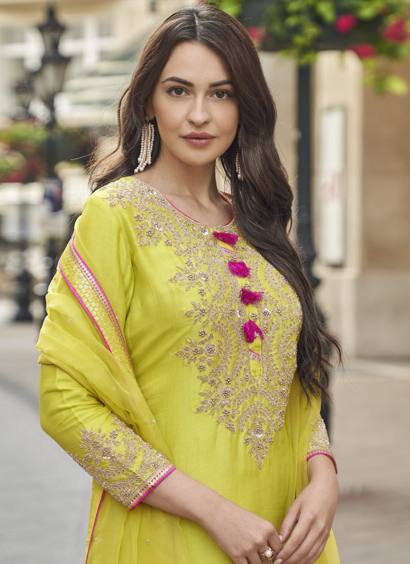 Lime Green Premium Silk Embroidered Sharara Suit Set