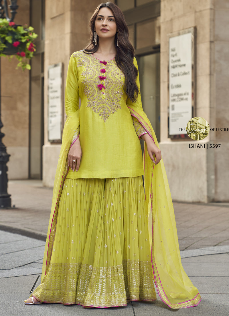 Lime green premium silk sharara suit with detailed resham and gota patti embroidery