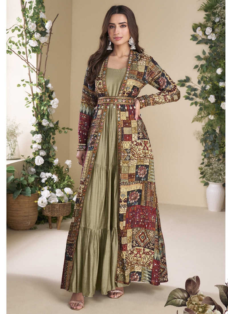 Beige Georgette Embroidered Gown with Silk Sturg