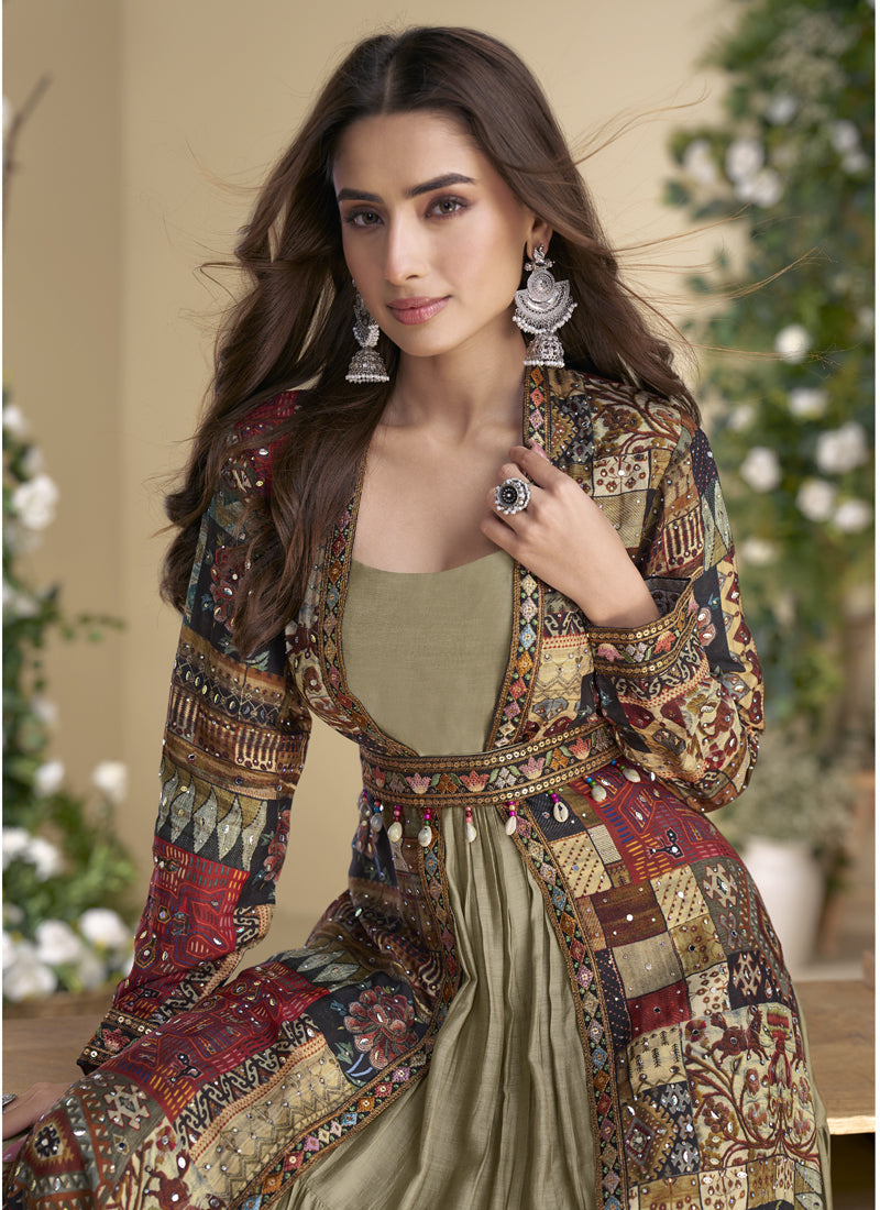 Beige Georgette Embroidered Gown with Silk Sturg