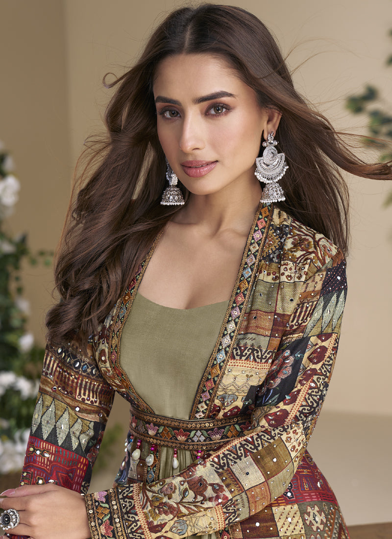 Beige Georgette Embroidered Gown with Silk Sturg