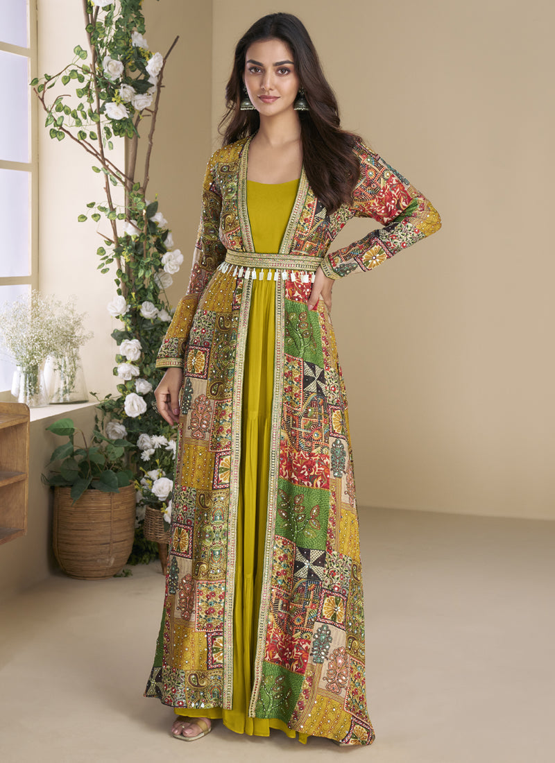 Mustard georgette embroidered gown with intricate gota patti detail and silk sturg