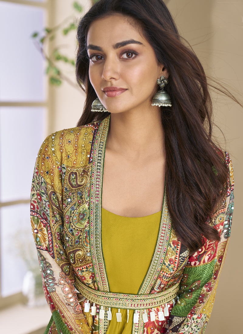 Mustard Georgette Embroidered Gown with Gota Patti Detail