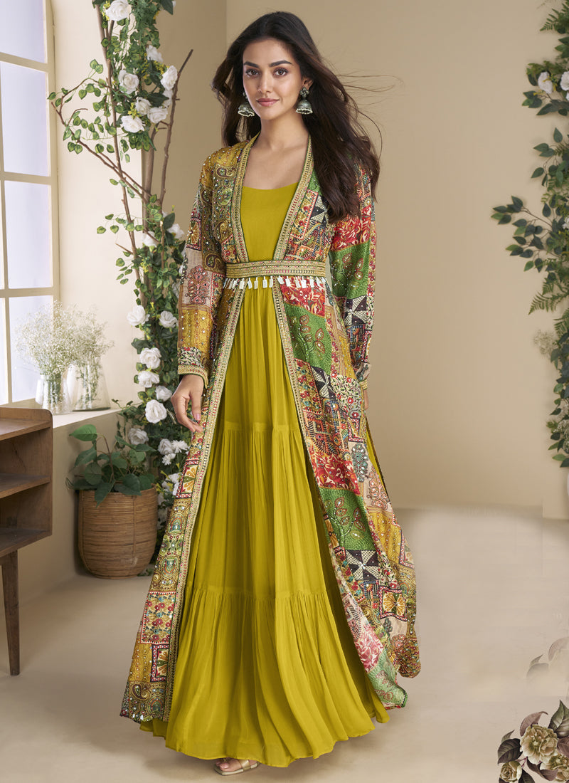 Mustard Georgette Embroidered Gown with Gota Patti Detail