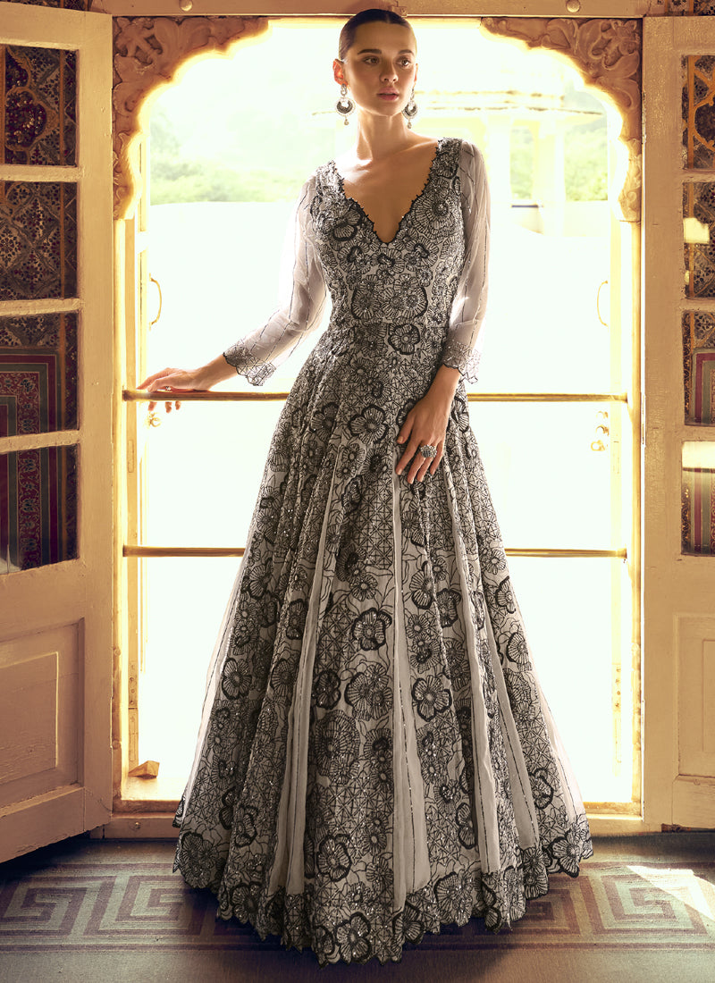 Vegaa Fashion Light Grey Viscose Shimmer Jacquard Silk Embroidered Gown