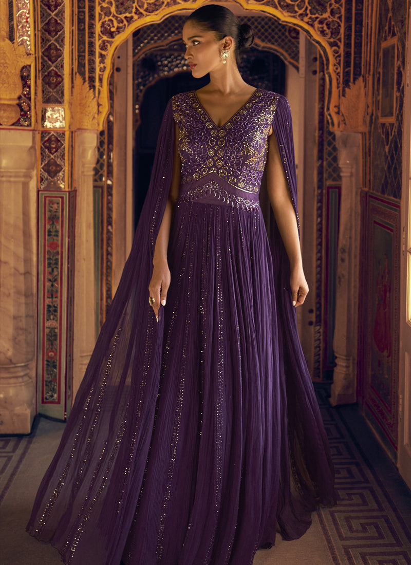 Violet and Gold Shimmer Jacquard Silk Embroidered Festive Gown