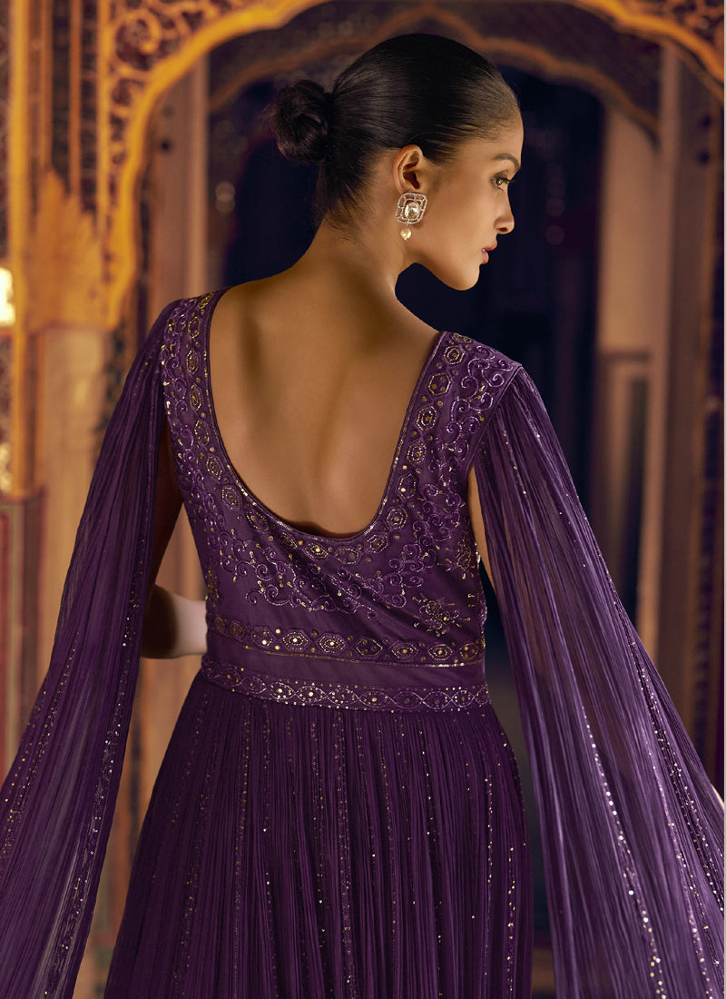 Violet and Gold Shimmer Jacquard Silk Embroidered Festive Gown