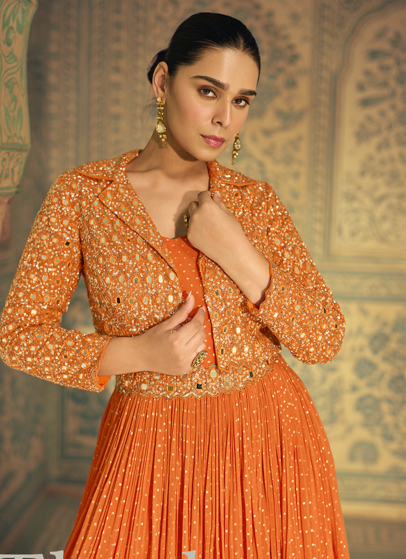 Orange Viscose Shimmer Jacquard Silk Embroidered Gown