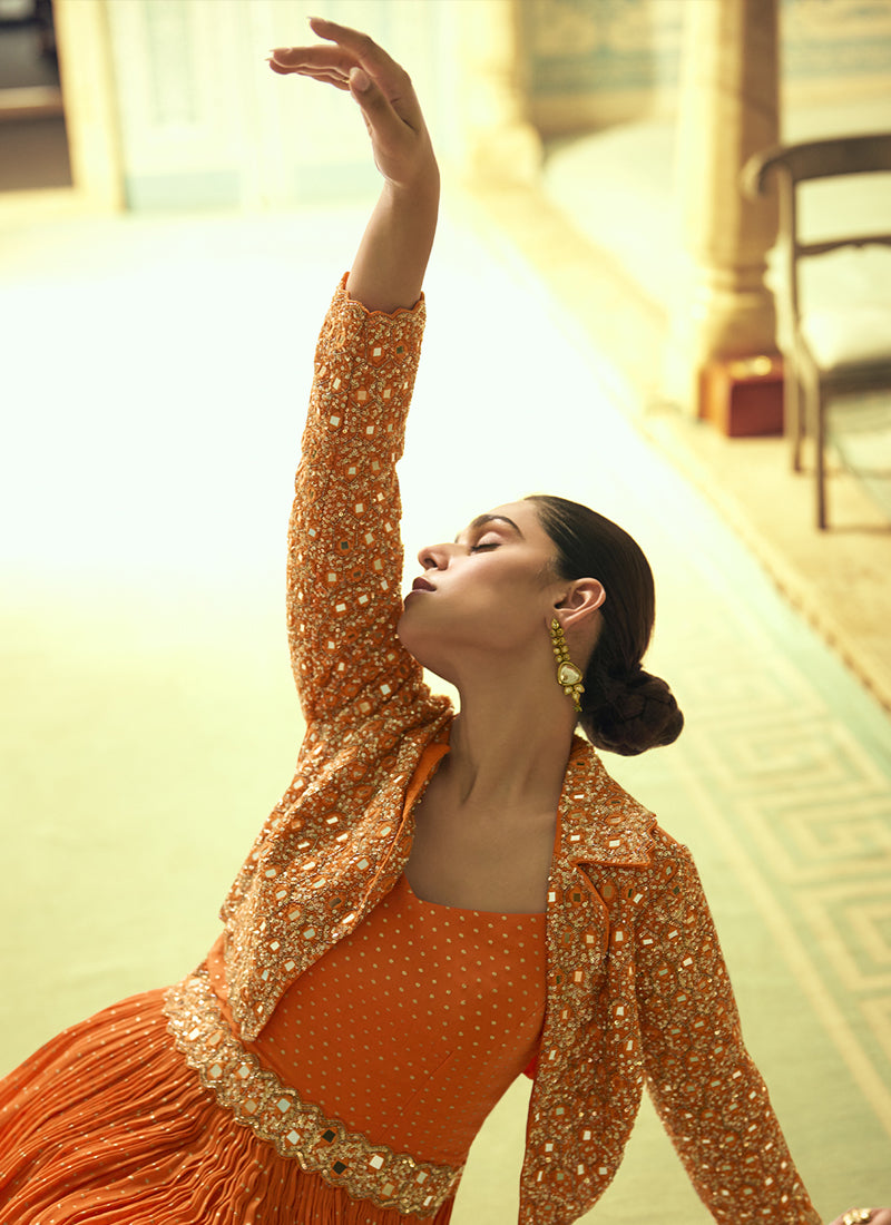 Orange Viscose Shimmer Jacquard Silk Embroidered Gown