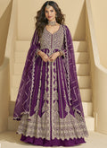 Front view of a purple chinon silk lehenga style suit with intricate gota patti embroidery