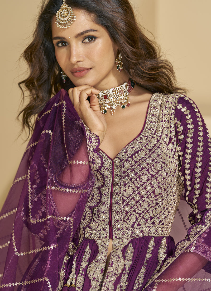 Purple Chinon Silk Embroidered Lehenga Style Suit for Weddings